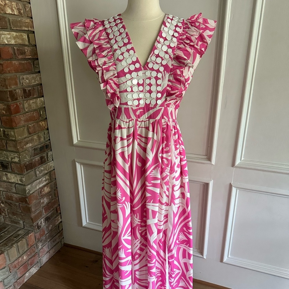 Vibrant Pink and White Patterned Maxi Dress